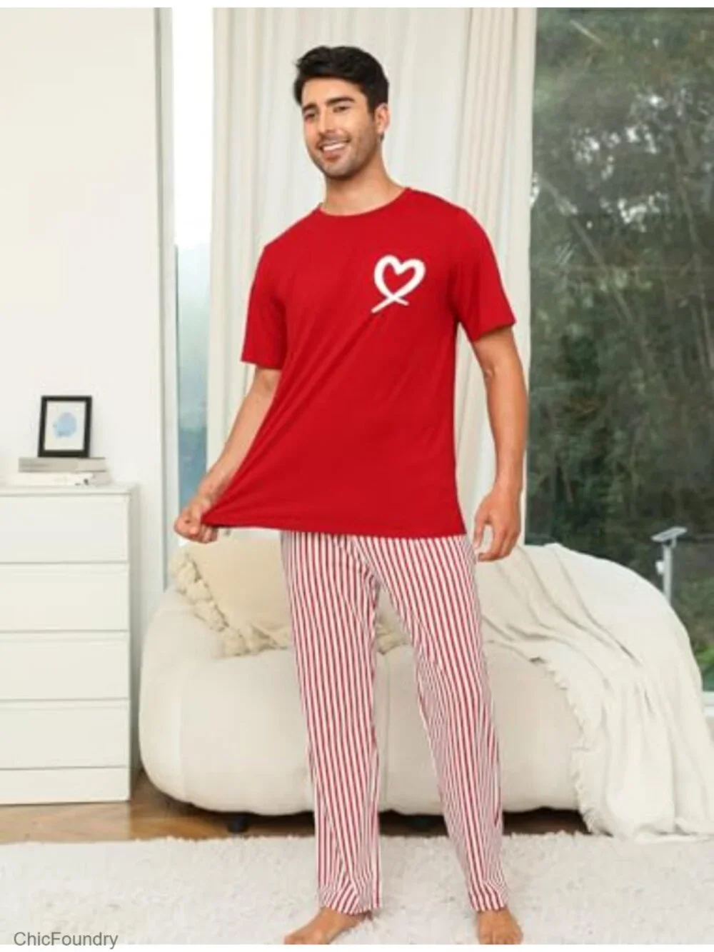 Cotton Couple Pajama Set Short Sleeve Top & Long Pants Sleepwear